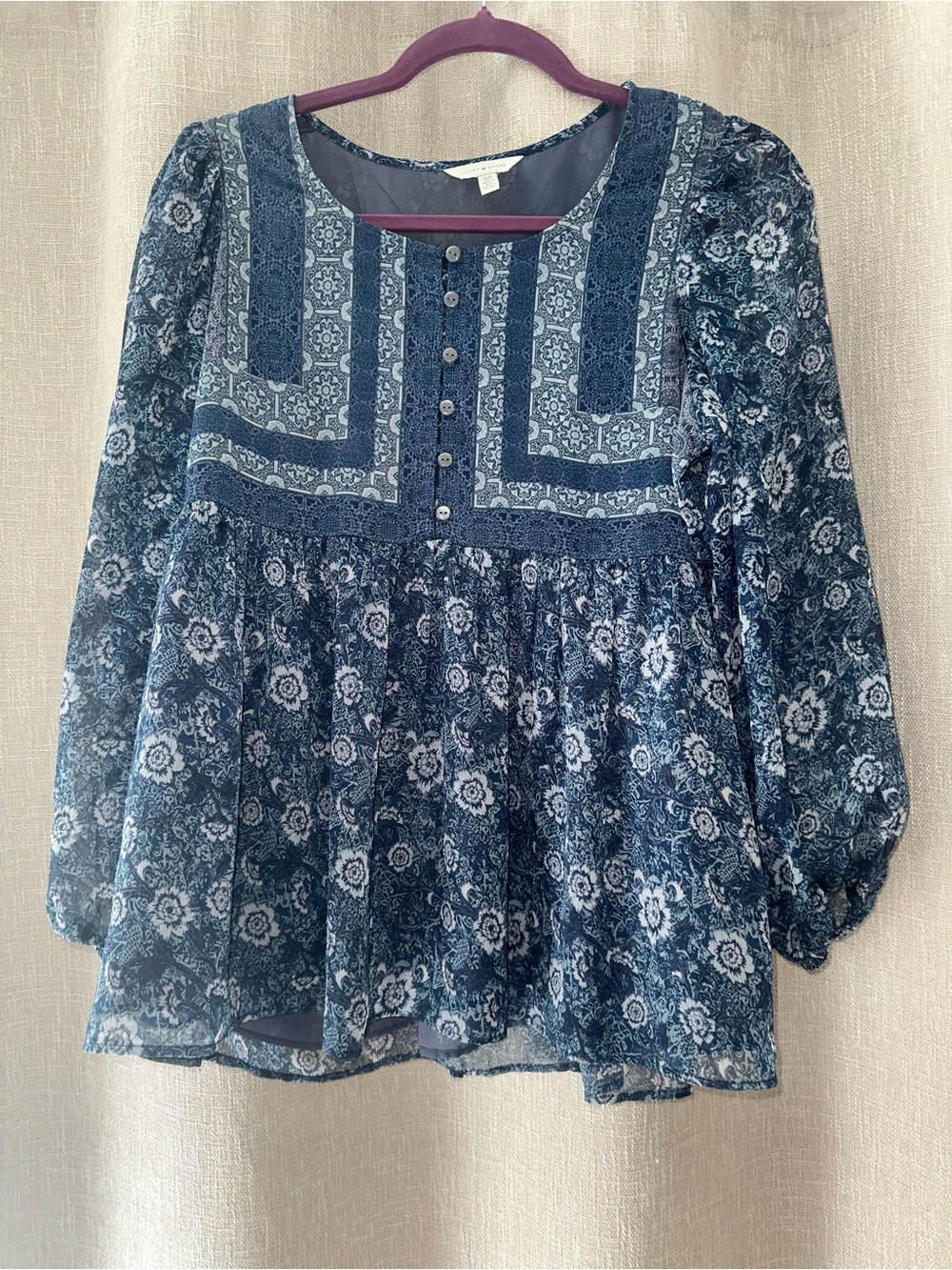 Lucky Brand Navy Blue Floral Button-Front Boho Blouse